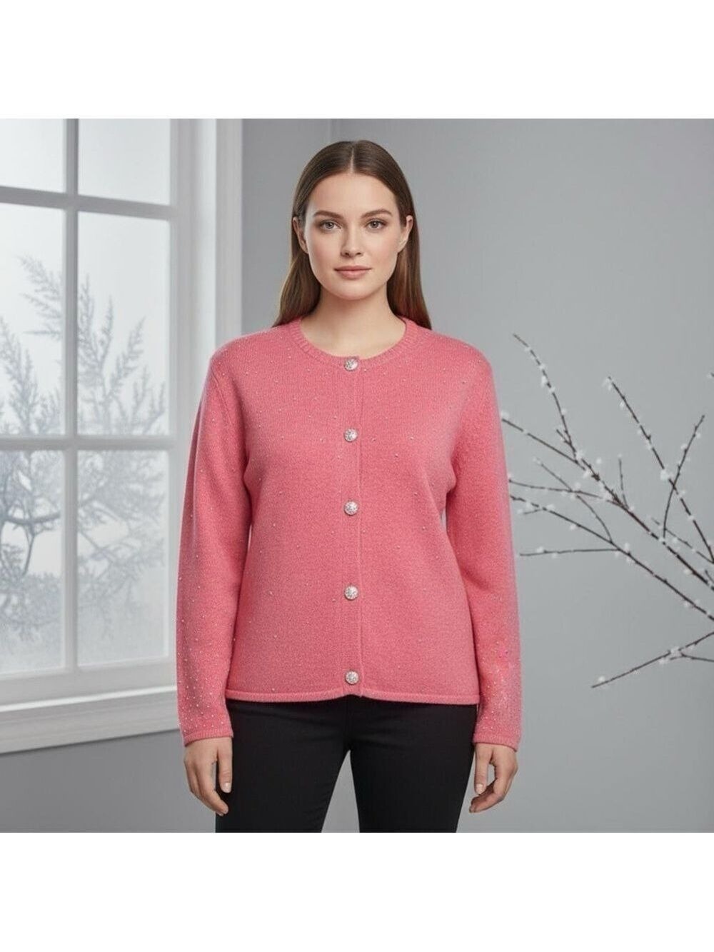 LOVETREND Coral Pink Sparkle Embellished Cardigan Rhinestones Romantic Sz XL